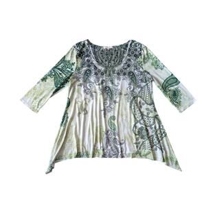 Y2K G Collection Tunic Top 1X Green Paisley Fairy Boho Hippie Asymmetric Hem
